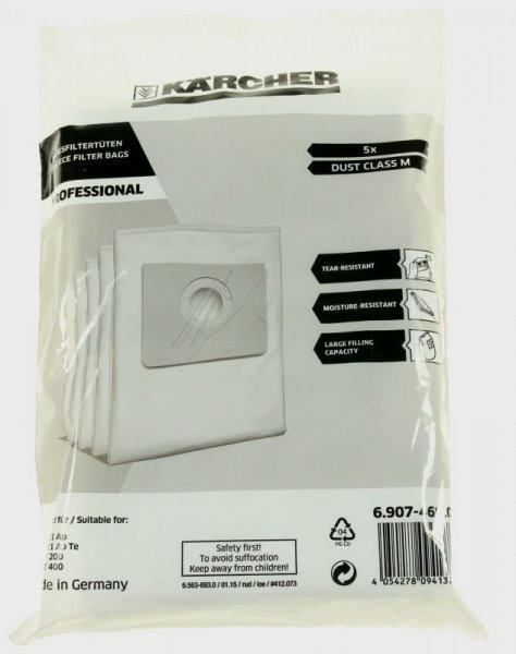 Karcher Vacuum Cleaner Bags - 6 907-469 0 Professional Fleece Filter Bags X5 Dust Class M Kärcher