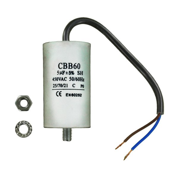Universal Capacitor (5uF / 5MFD, 450VAC) with 19cm Cable Connectors